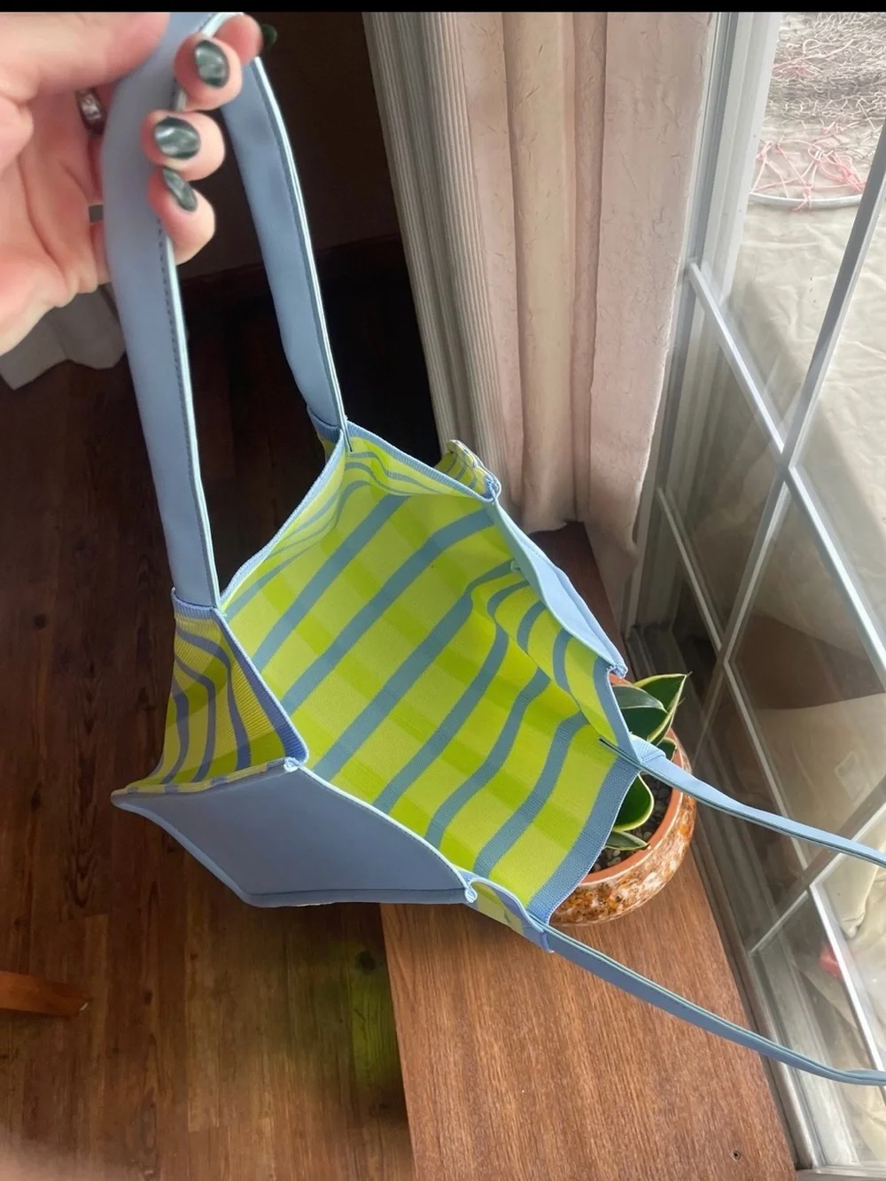 Neiman Marcus Light Blue & Lime Plaid Tote Bag